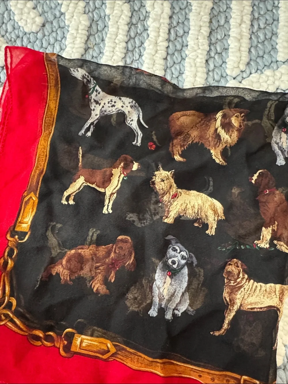 Vintage Dog Novelty Print Scarf 20x20 Red Black Silky